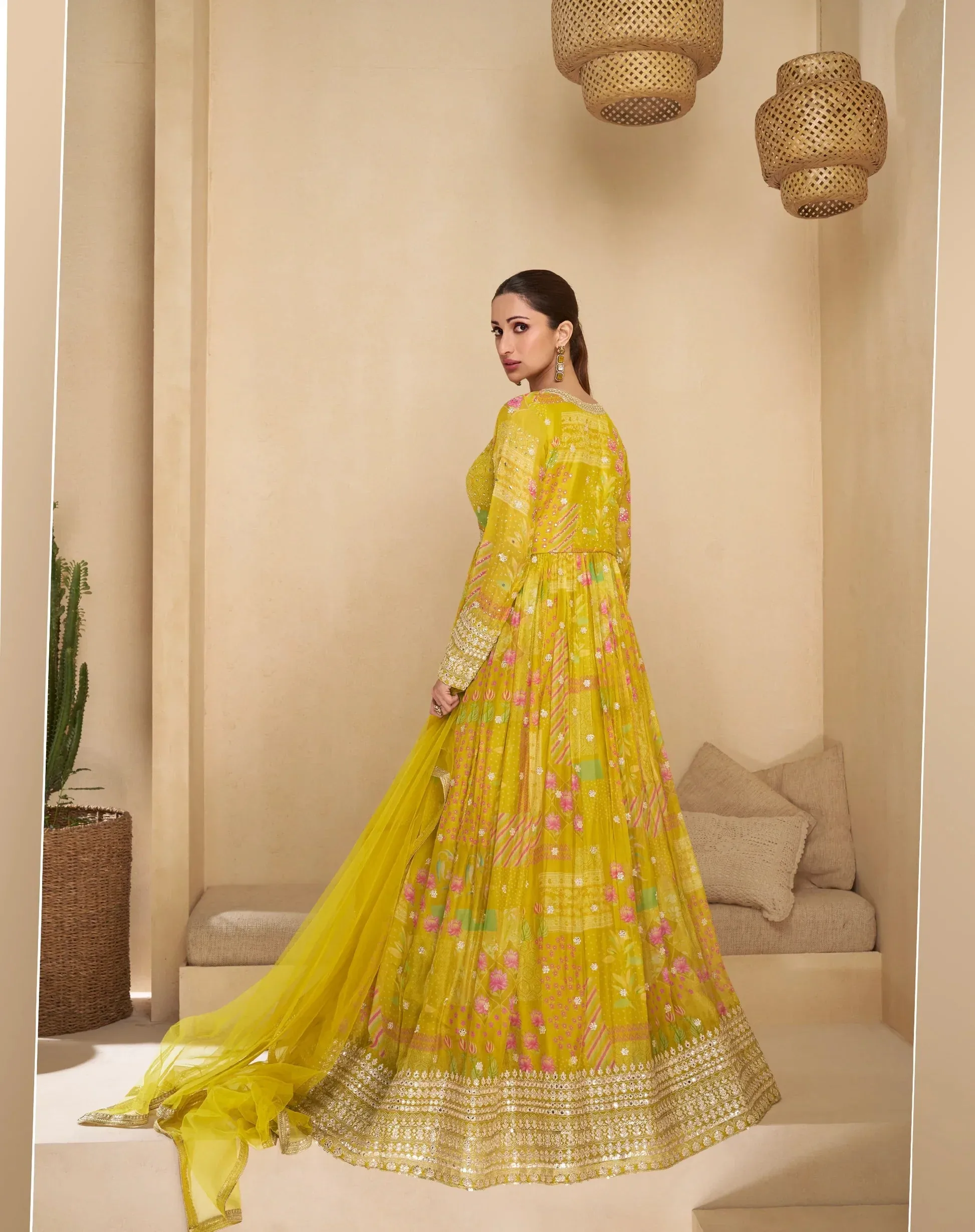 Charming Multicolor Yellow Floral Embroidered Anarkali