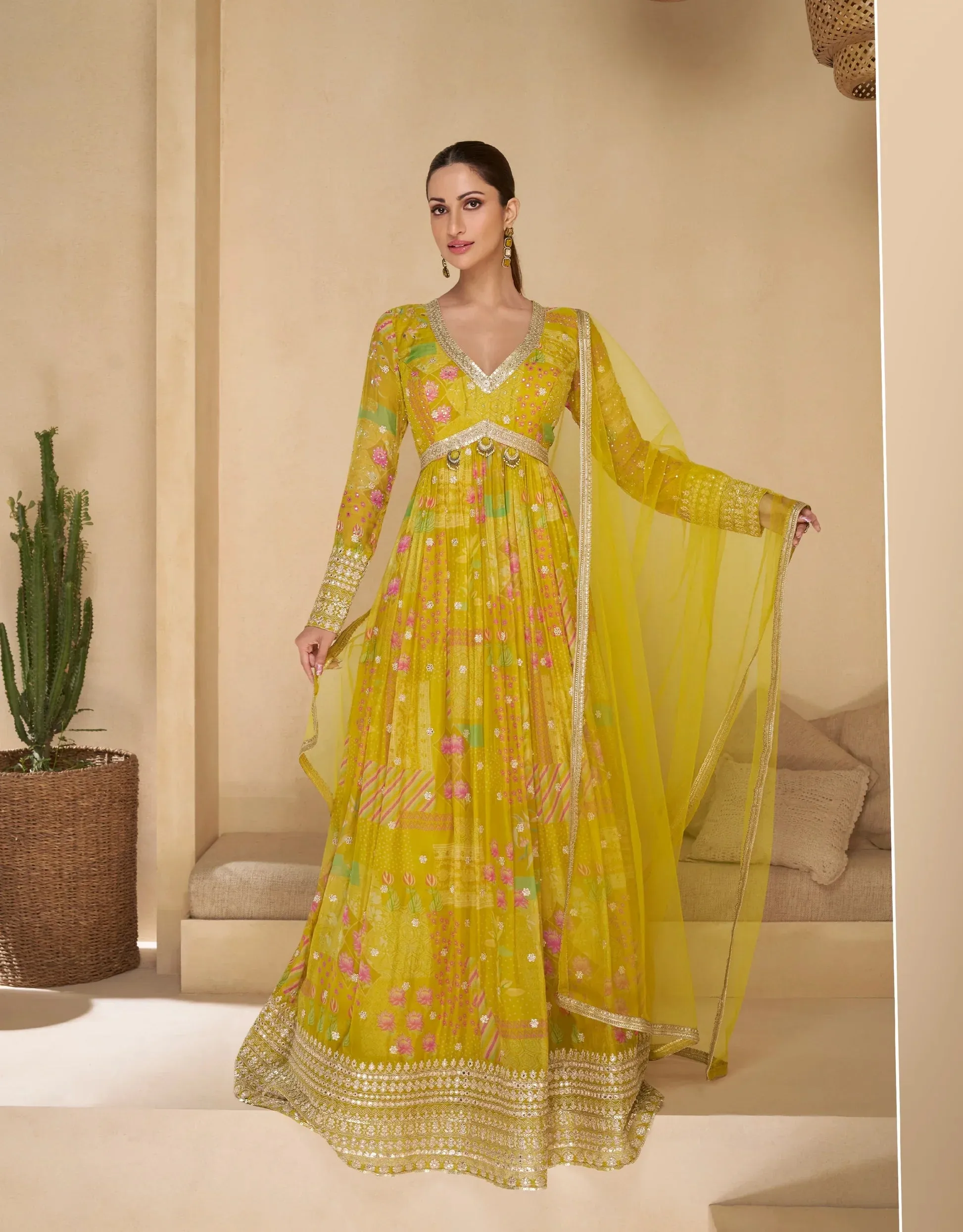 Charming Multicolor Yellow Floral Embroidered Anarkali