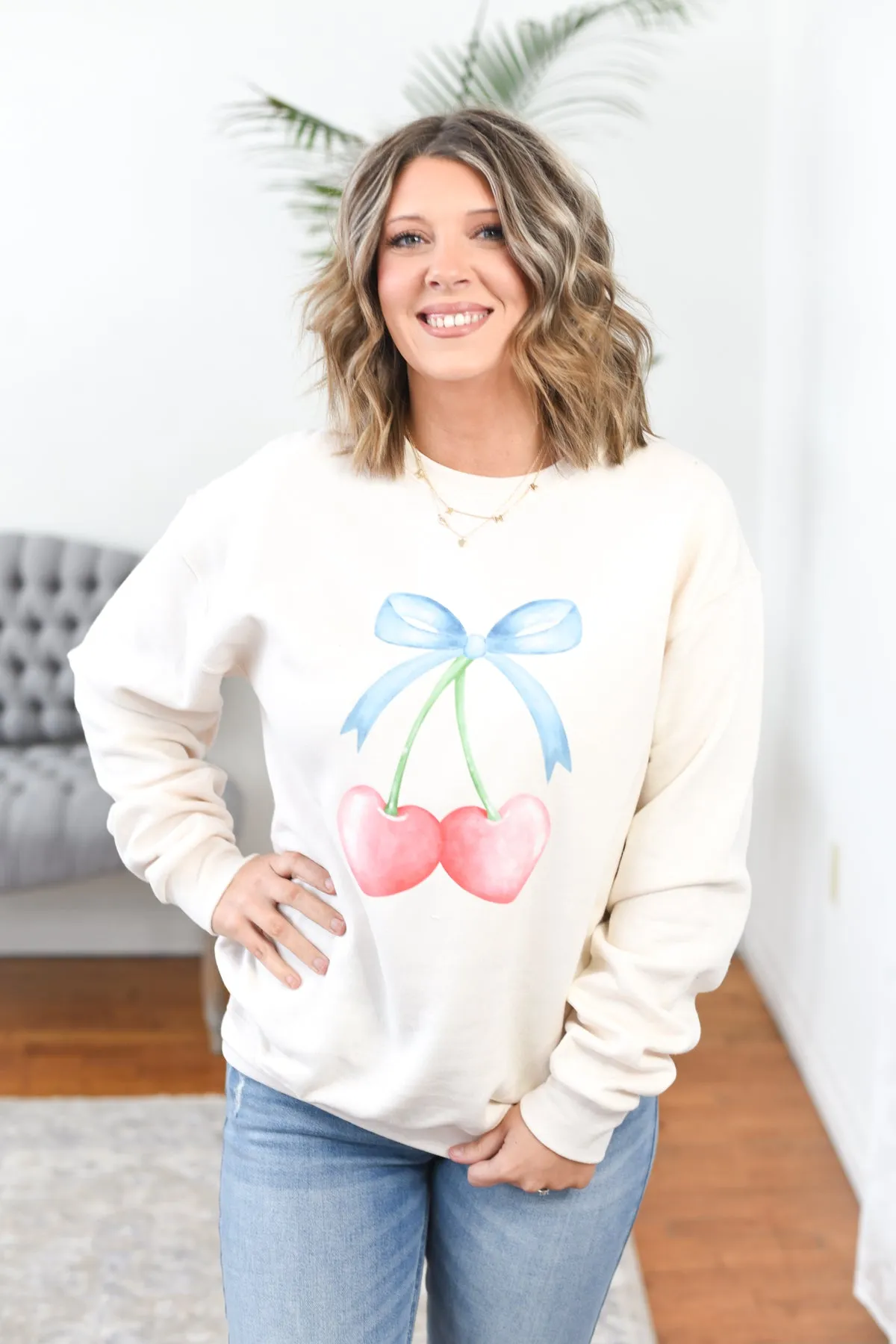 Cherry Hearts w/ a Bow Crewneck Sweatshirt