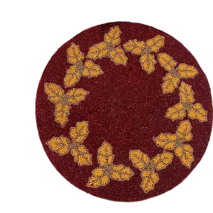 Christmas Holly Berry Round Beaded Placemat - Gold - Set of 6