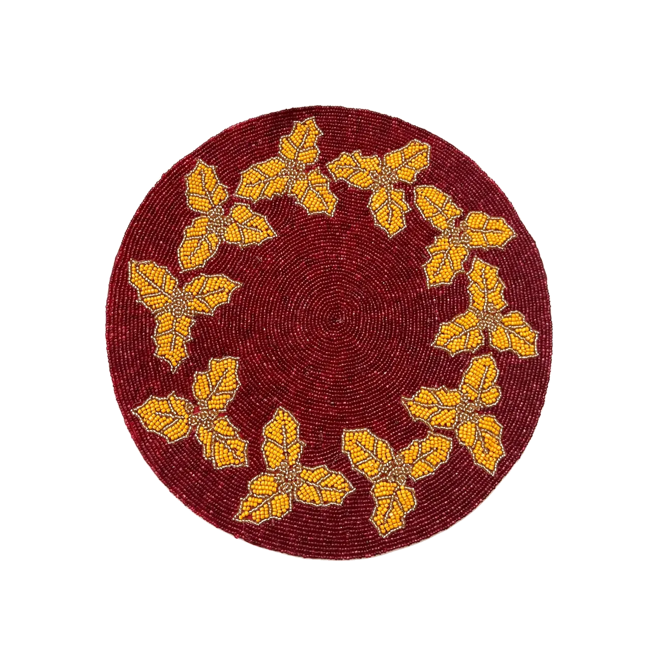 Christmas Holly Berry Round Beaded Placemat - Gold - Set of 6