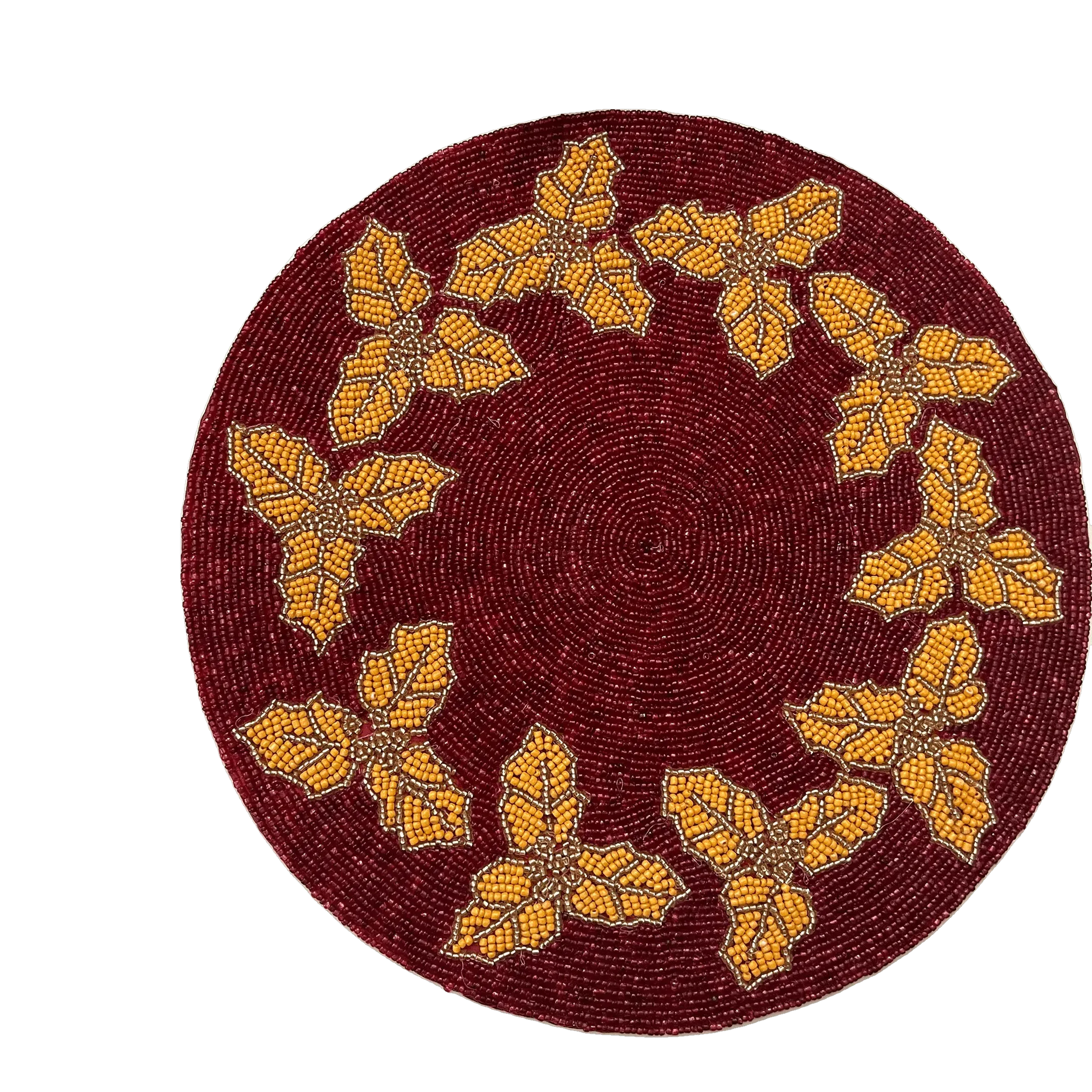 Christmas Holly Berry Round Beaded Placemat - Gold - Set of 6