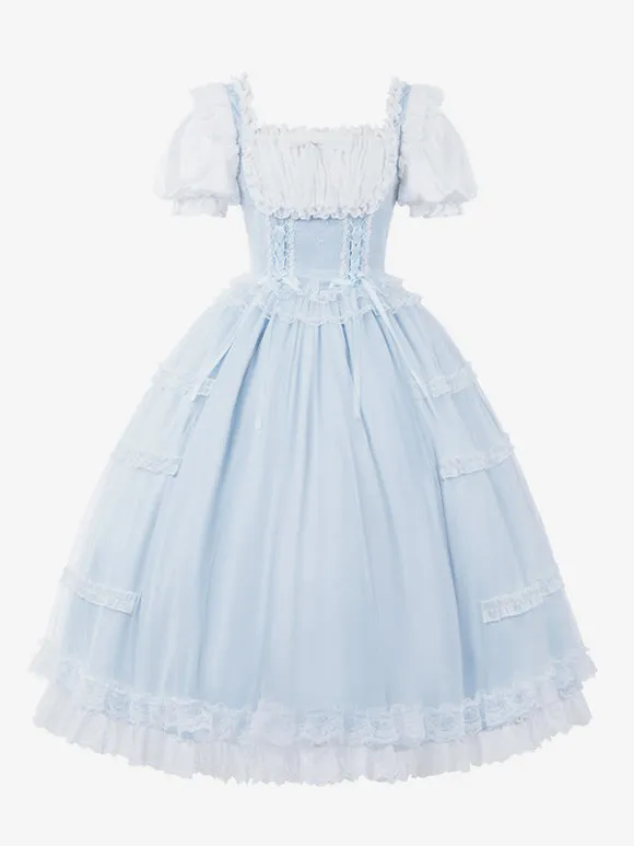 Classical Lolita Dress Light Blue Polyester Short Sleeves Sweet Lolita Dress