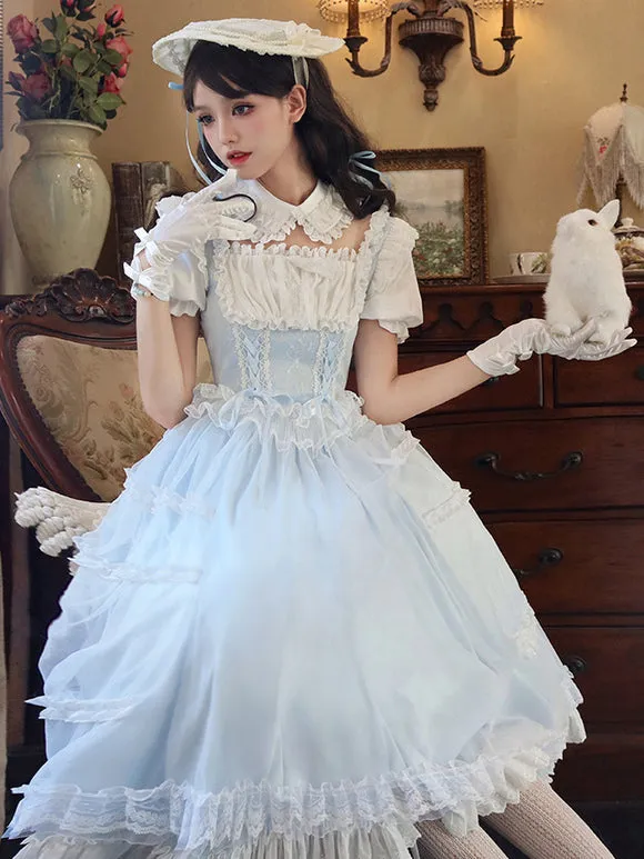 Classical Lolita Dress Light Blue Polyester Short Sleeves Sweet Lolita Dress