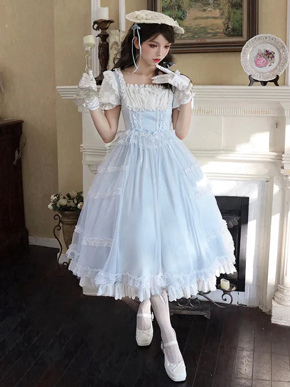 Classical Lolita Dress Light Blue Polyester Short Sleeves Sweet Lolita Dress