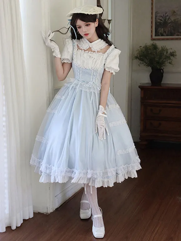 Classical Lolita Dress Light Blue Polyester Short Sleeves Sweet Lolita Dress