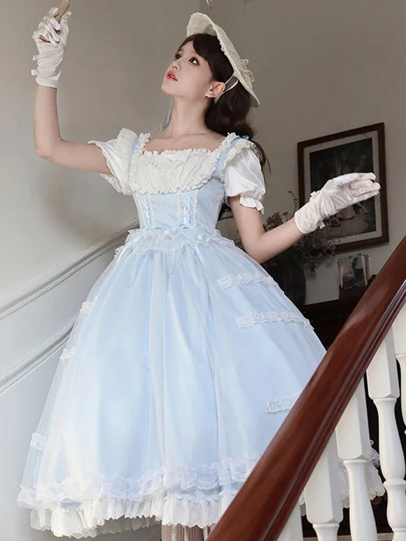 Classical Lolita Dress Light Blue Polyester Short Sleeves Sweet Lolita Dress