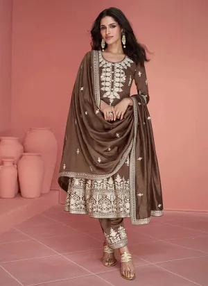 Coffee Brown Silk Embroidered Pant Style Suit