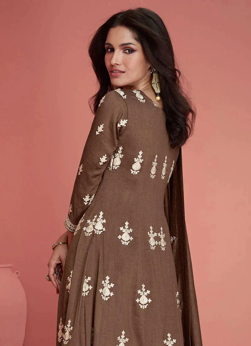 Coffee Brown Silk Embroidered Pant Style Suit