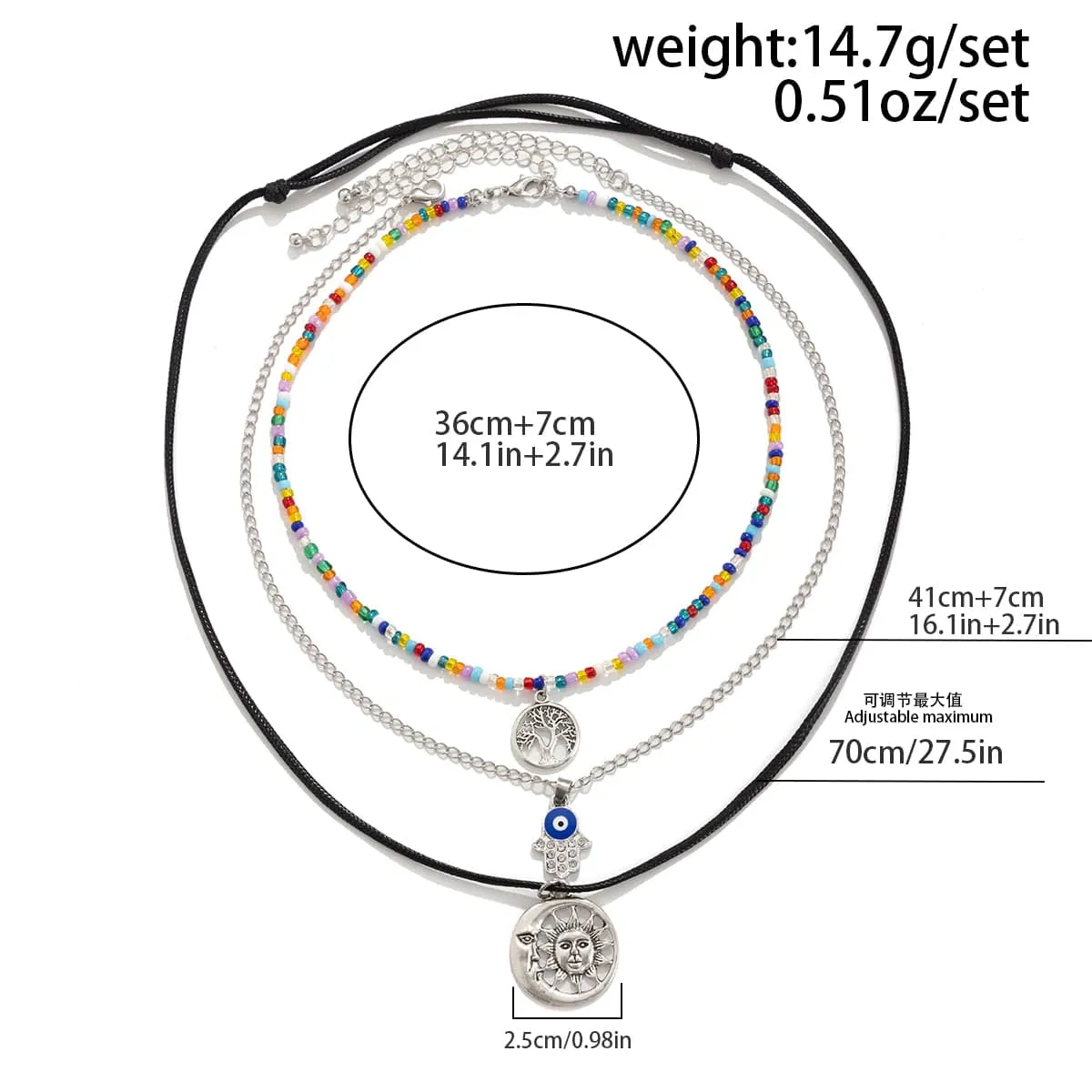 Colorful Crystal Beaded Sun Moon Tree Pendant Wax Cord String Necklace Set