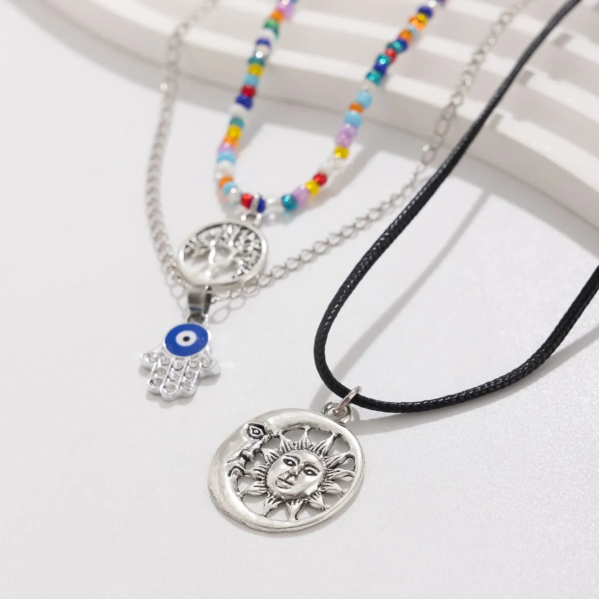 Colorful Crystal Beaded Sun Moon Tree Pendant Wax Cord String Necklace Set