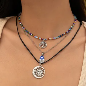 Colorful Crystal Beaded Sun Moon Tree Pendant Wax Cord String Necklace Set