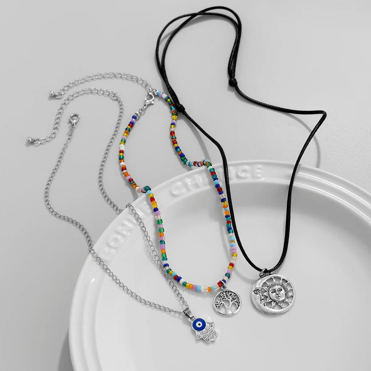 Colorful Crystal Beaded Sun Moon Tree Pendant Wax Cord String Necklace Set