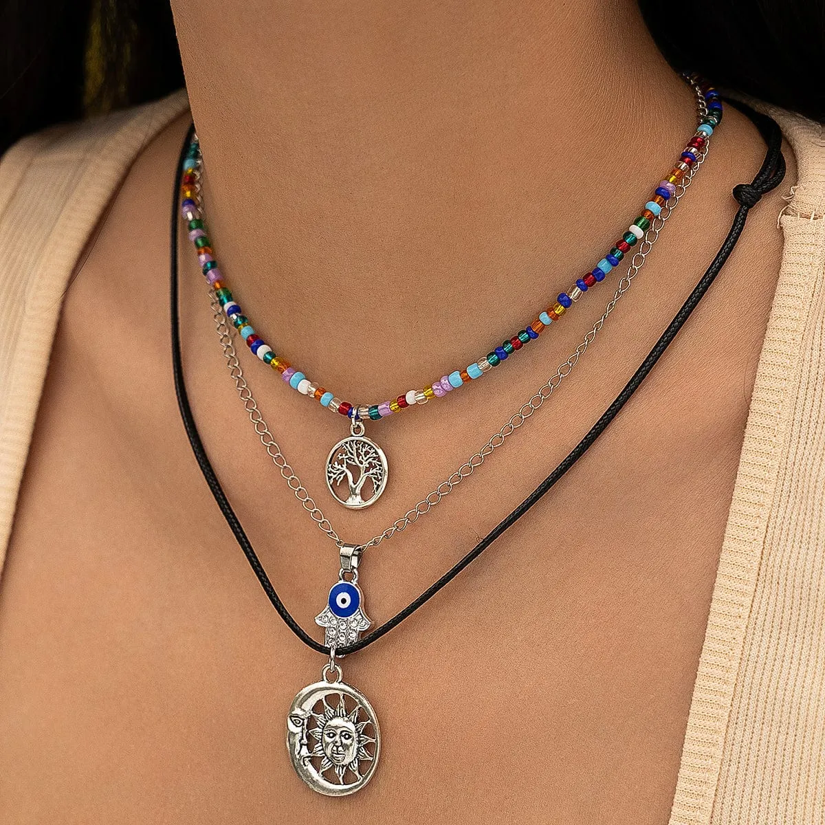 Colorful Crystal Beaded Sun Moon Tree Pendant Wax Cord String Necklace Set