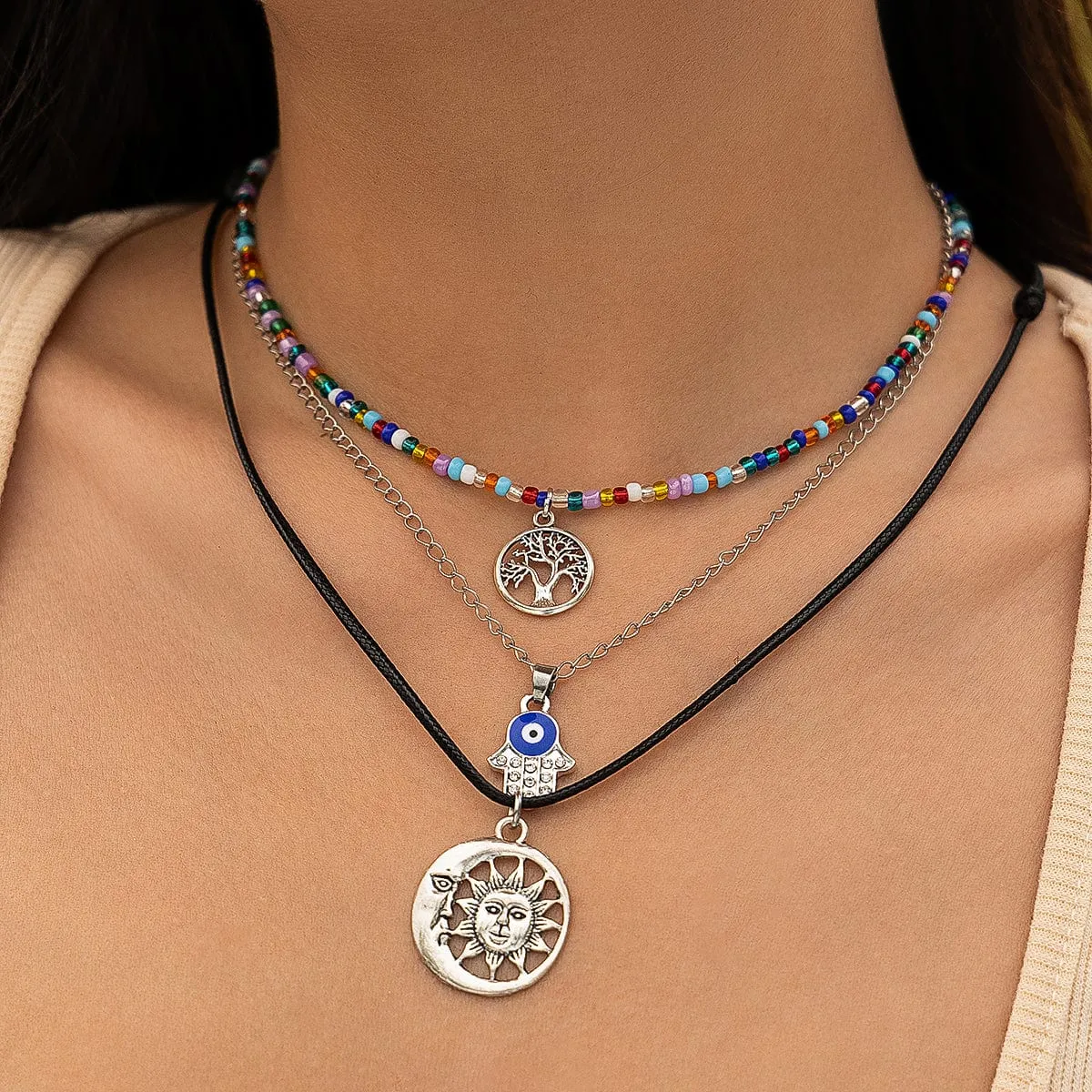 Colorful Crystal Beaded Sun Moon Tree Pendant Wax Cord String Necklace Set
