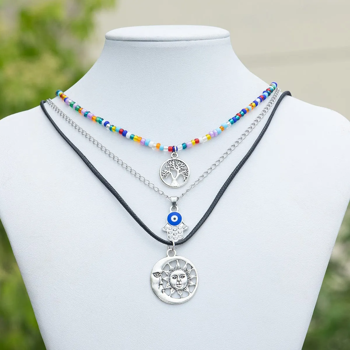 Colorful Crystal Beaded Sun Moon Tree Pendant Wax Cord String Necklace Set