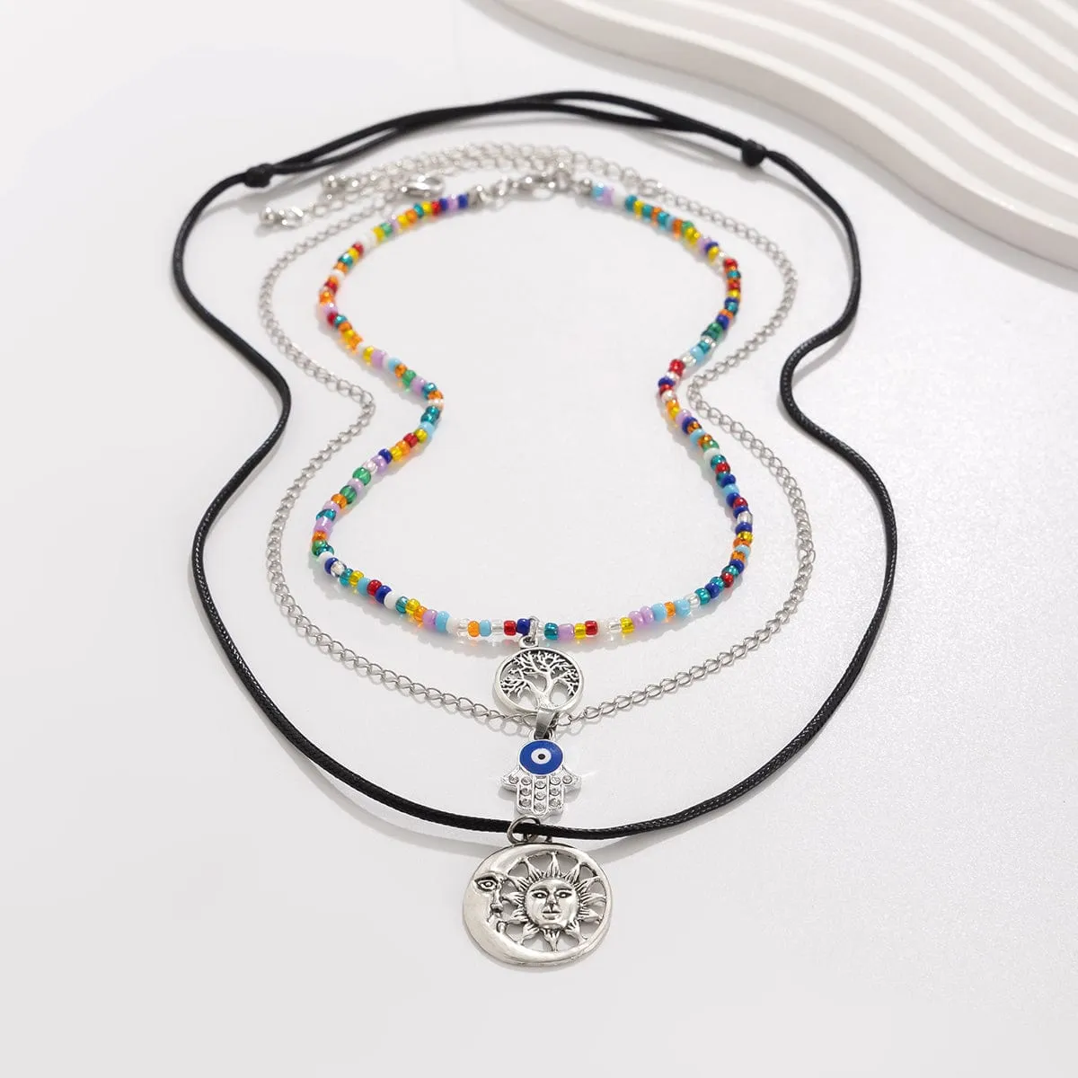 Colorful Crystal Beaded Sun Moon Tree Pendant Wax Cord String Necklace Set