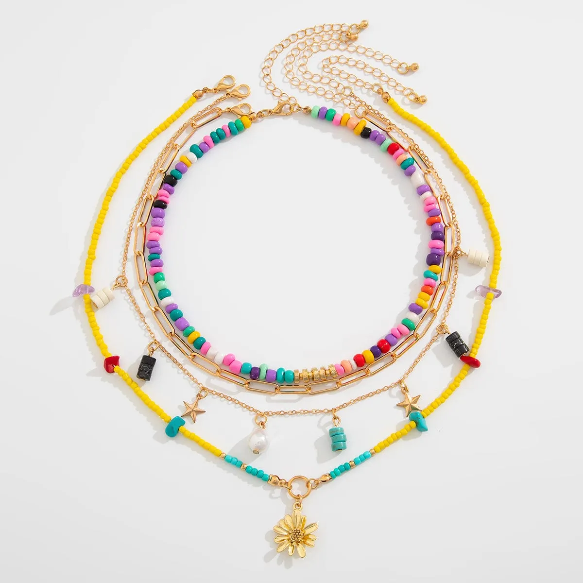 Colorful Daisy Charm Turquoise Starfish Tassel Seed Beaded Necklace Set