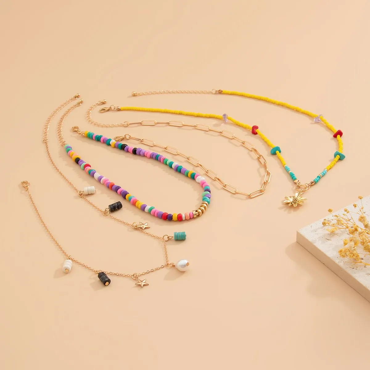 Colorful Daisy Charm Turquoise Starfish Tassel Seed Beaded Necklace Set