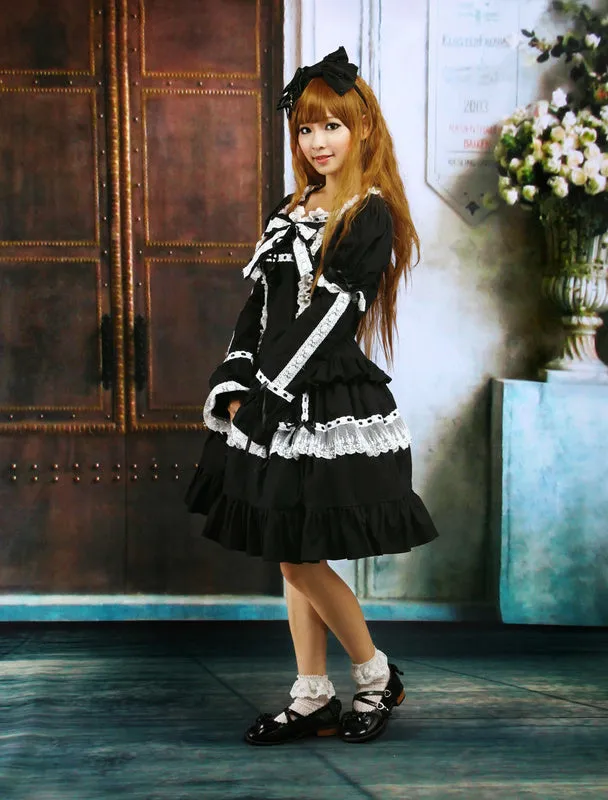Cotton Black Lace Bow Lolita Dress Outfit