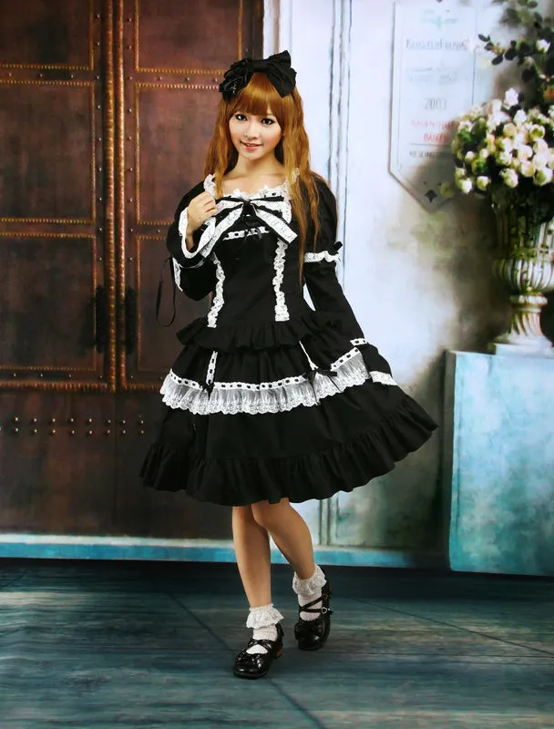 Cotton Black Lace Bow Lolita Dress Outfit