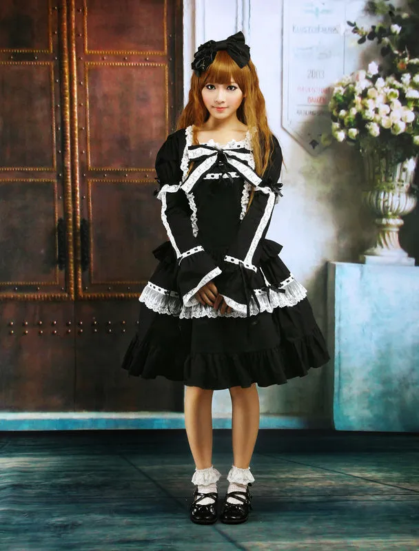 Cotton Black Lace Bow Lolita Dress Outfit