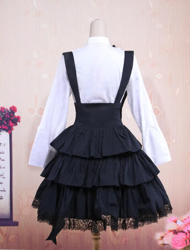 Cotton White Long Sleeves Blouse And Black Ruffles Lolita Skirt Outfit