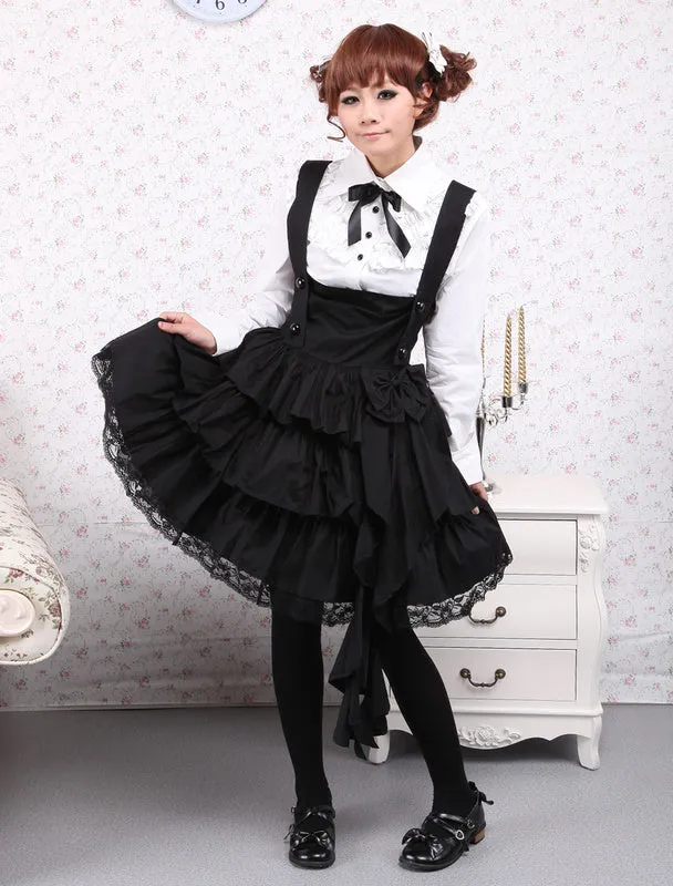 Cotton White Long Sleeves Blouse And Black Ruffles Lolita Skirt Outfit