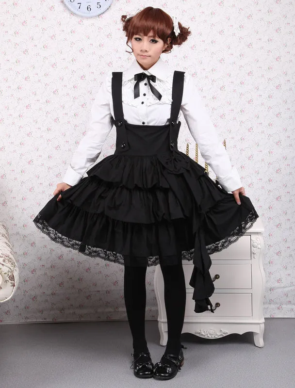 Cotton White Long Sleeves Blouse And Black Ruffles Lolita Skirt Outfit