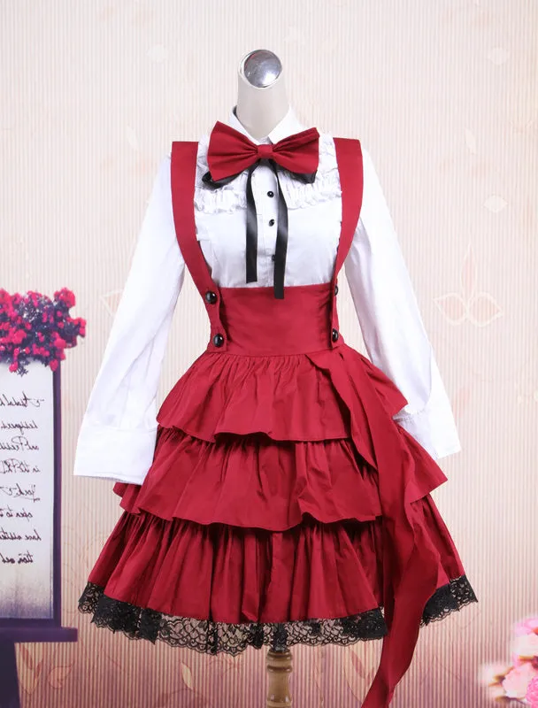 Cotton White Long Sleeves Blouse And Black Ruffles Lolita Skirt Outfit