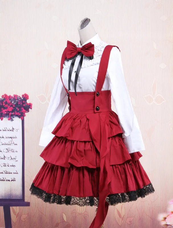 Cotton White Long Sleeves Blouse And Black Ruffles Lolita Skirt Outfit