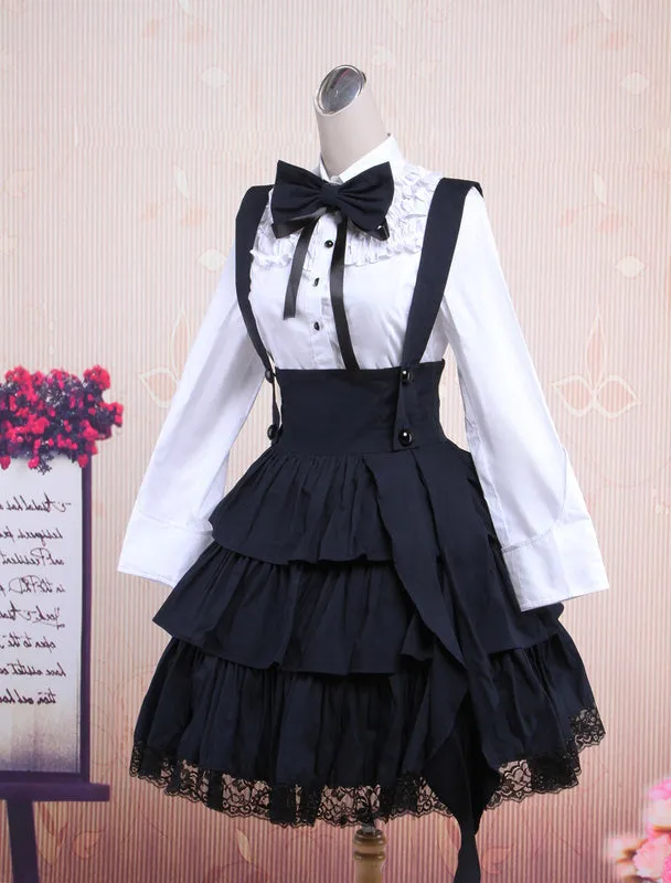 Cotton White Long Sleeves Blouse And Black Ruffles Lolita Skirt Outfit
