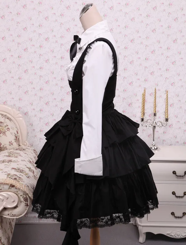 Cotton White Long Sleeves Blouse And Black Ruffles Lolita Skirt Outfit