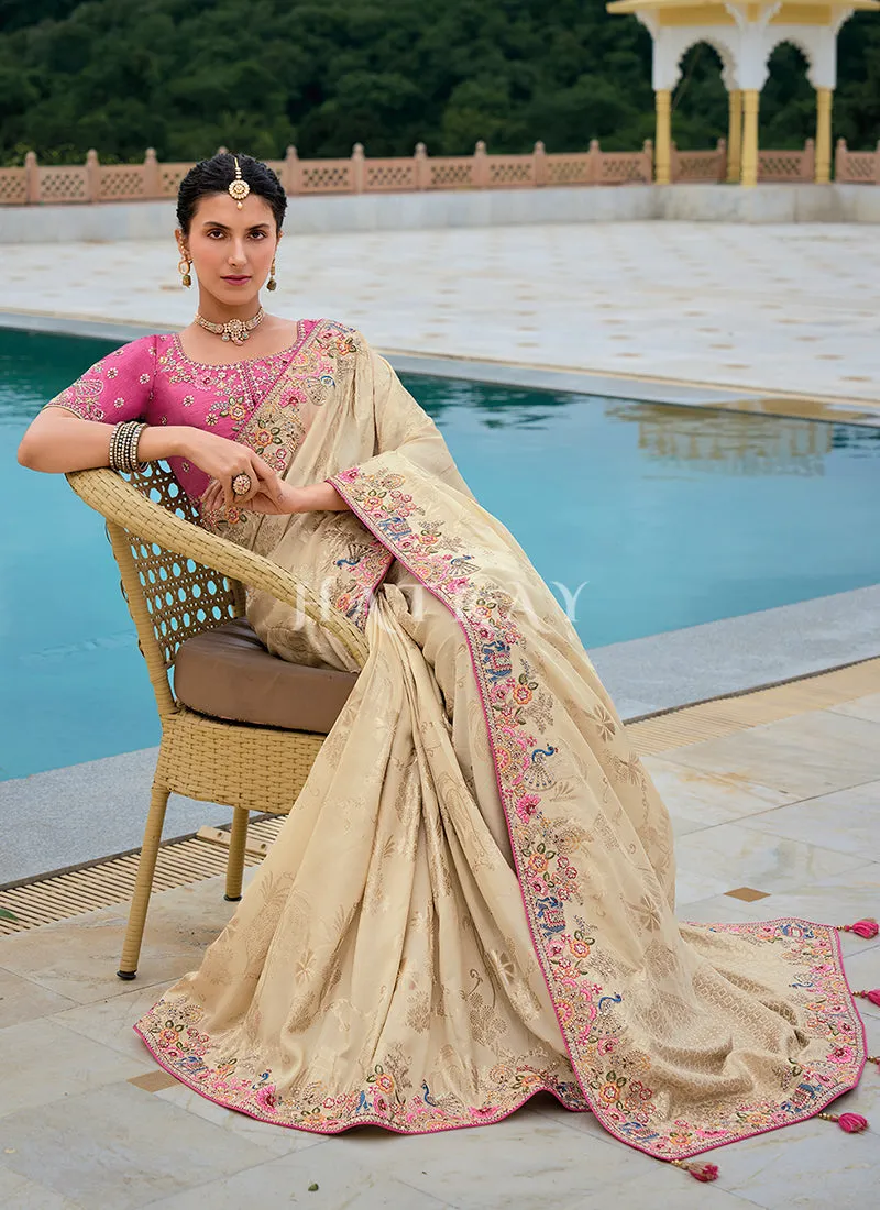 Cream Beige And Pink Floral Embroidery Saree