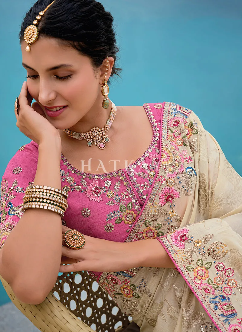 Cream Beige And Pink Floral Embroidery Saree