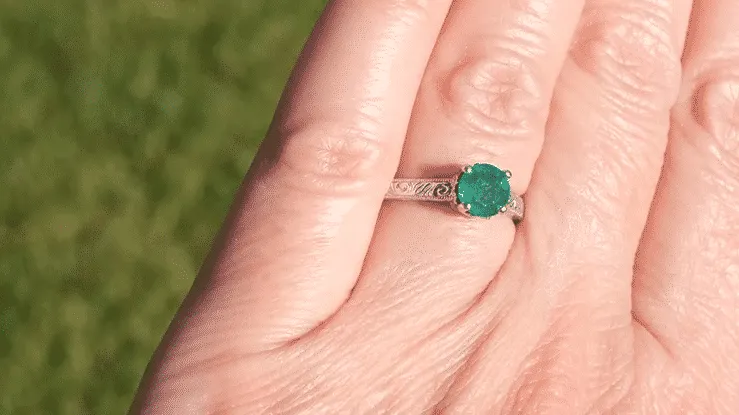 Crown Scrolls Filigree Art Deco 1 Carat Emerald Solitaire Engagement Ring in 18 Karat White Gold