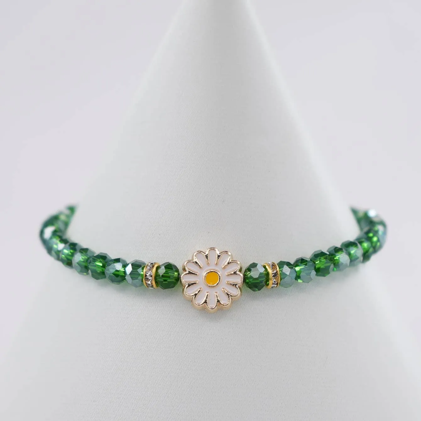 Crystal Beaded Bracelet with Daisy Charm - 7 Color Options