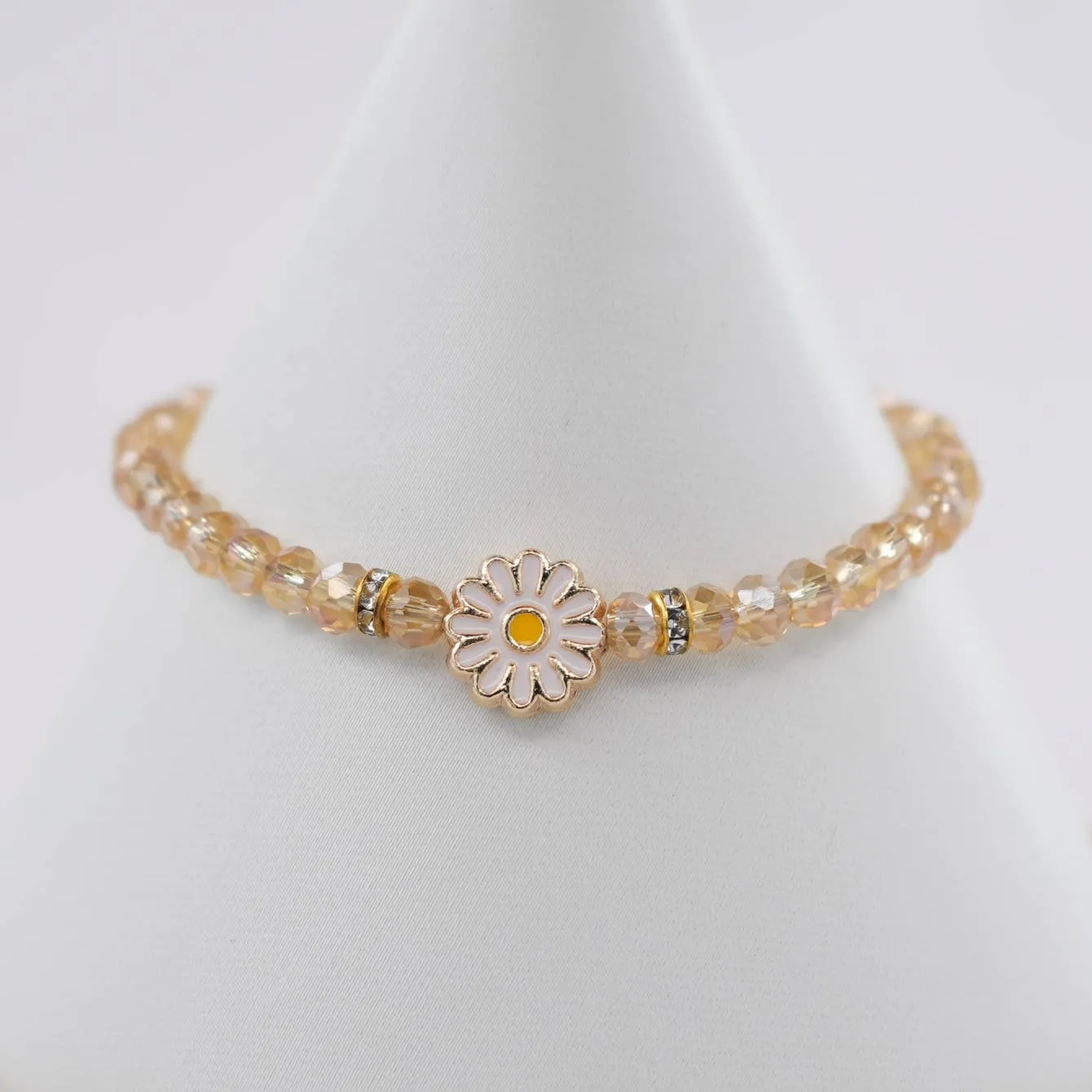 Crystal Beaded Bracelet with Daisy Charm - 7 Color Options