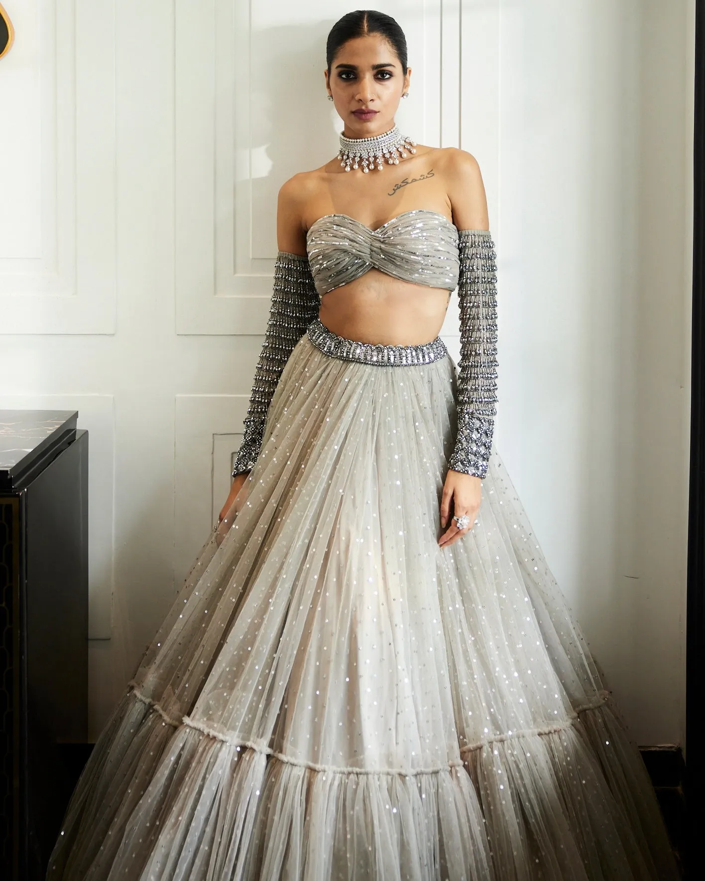Crystal Grey Tulle Lehenga Set