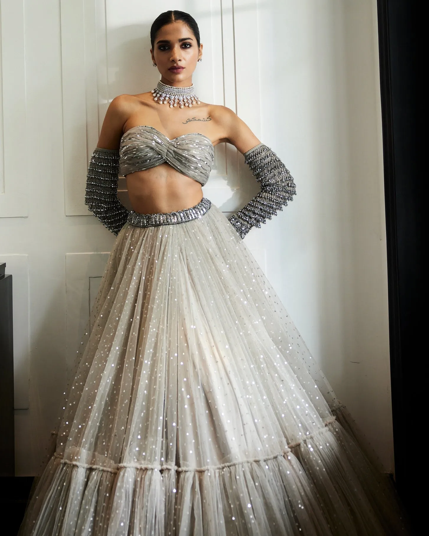 Crystal Grey Tulle Lehenga Set