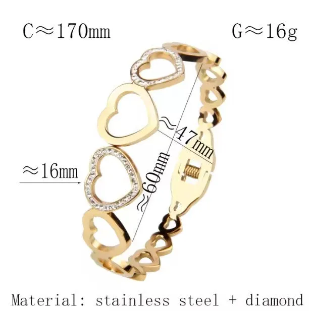 Cubic Zirconia Hearts High Polished Stainless steel bangle bracelet