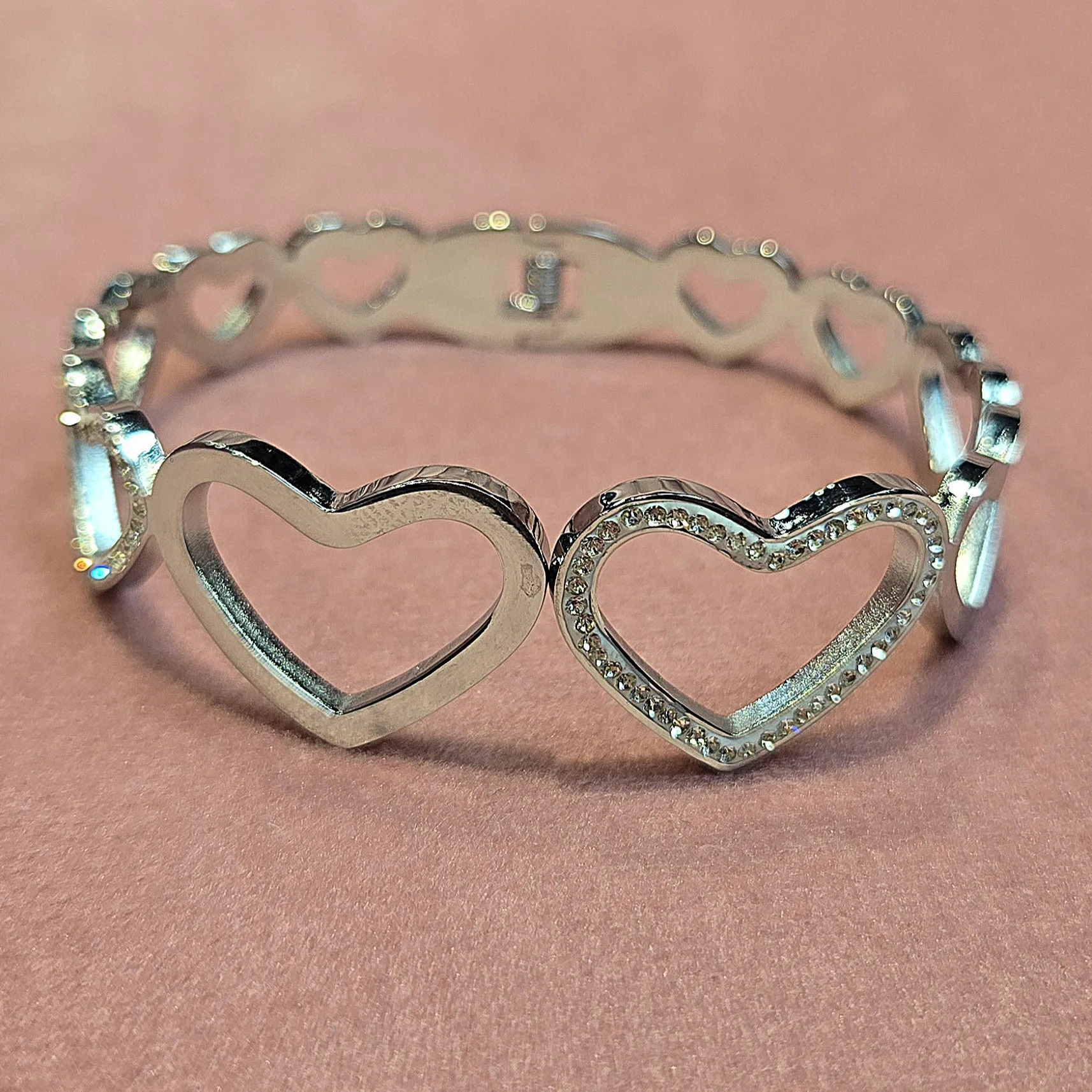 Cubic Zirconia Hearts High Polished Stainless steel bangle bracelet