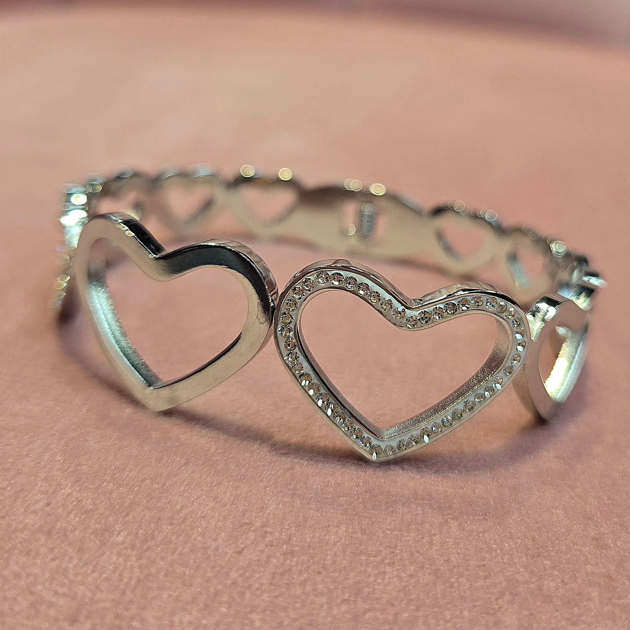 Cubic Zirconia Hearts High Polished Stainless steel bangle bracelet