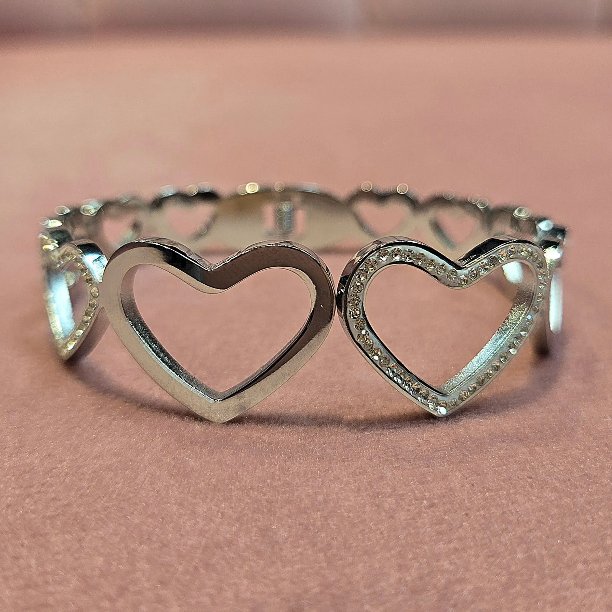 Cubic Zirconia Hearts High Polished Stainless steel bangle bracelet