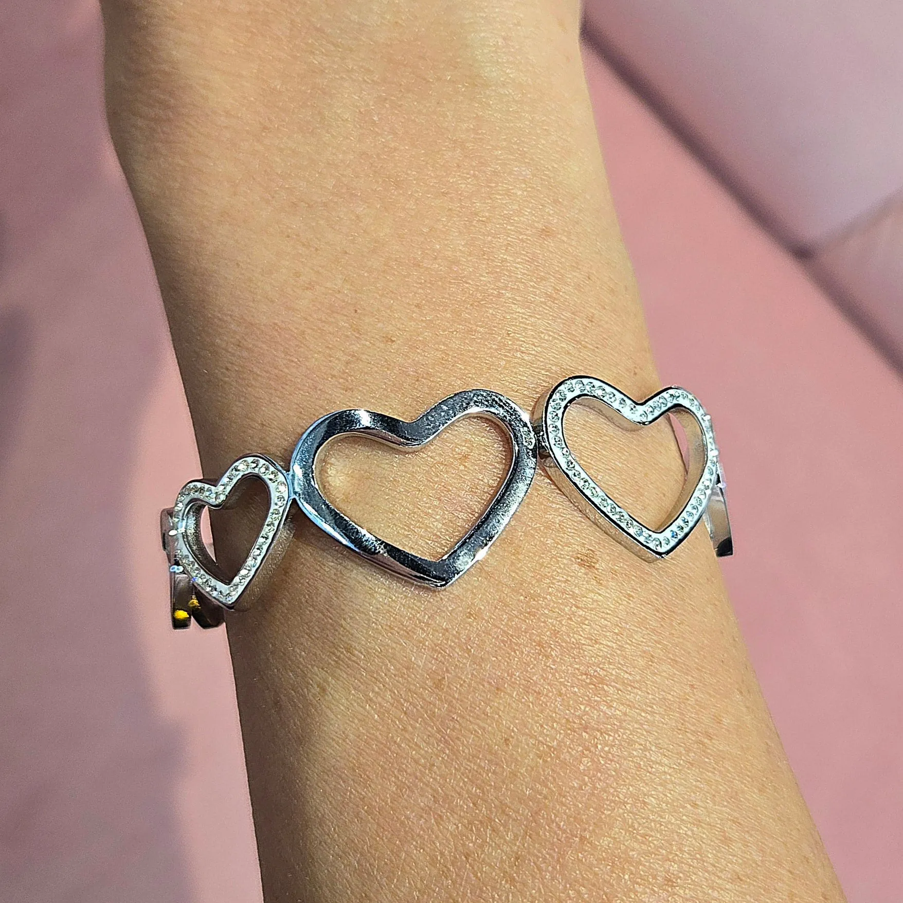 Cubic Zirconia Hearts High Polished Stainless steel bangle bracelet