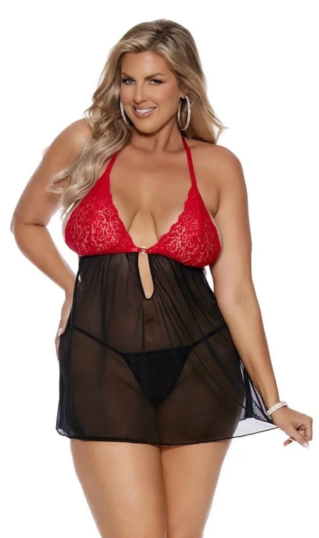 Curves & Charm Plus Size Mesh Halter Babydoll with Rhinestones