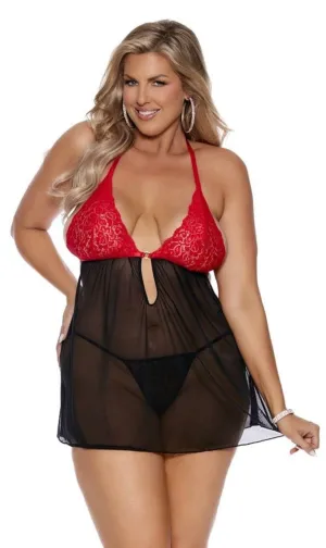 Curves & Charm Plus Size Mesh Halter Babydoll with Rhinestones