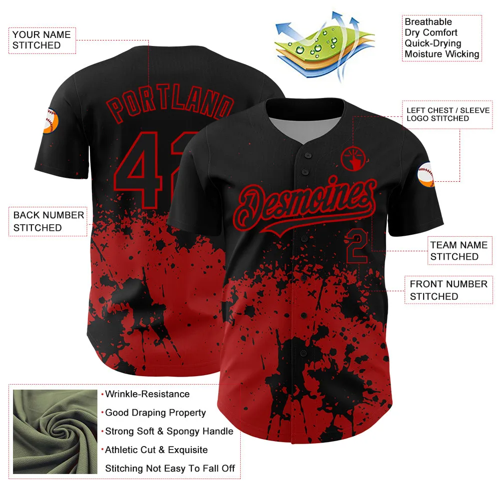 Custom Black Red 3D Pattern Design Abstract Splash Grunge Art Authentic Baseball Jersey