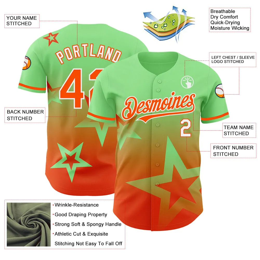 Custom Pea Green Orange-White 3D Pattern Design Gradient Style Twinkle Star Authentic Baseball Jersey