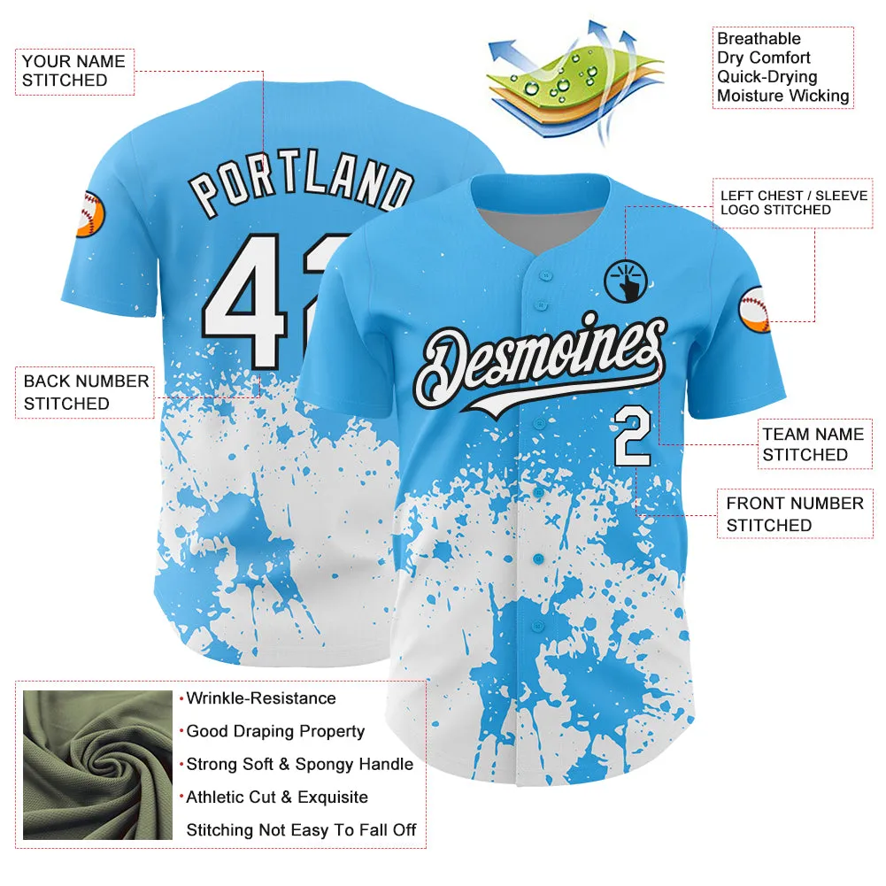 Custom Sky Blue White-Black 3D Pattern Design Abstract Splash Grunge Art Authentic Baseball Jersey